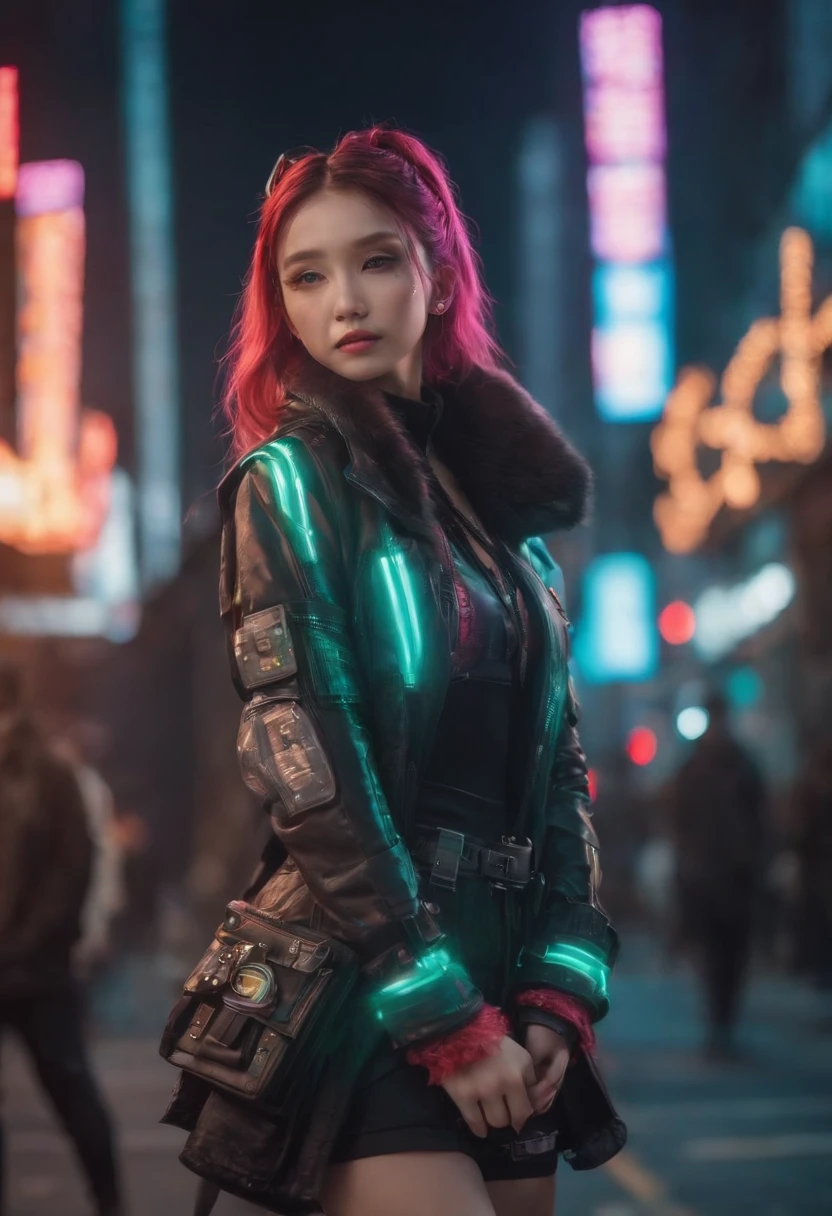 masterpiece, best quality, 2 confident cyberpunk girls, Harajuku-inspired cyberpunk outfit, bold colors and patterns, eye-catching accessories, trendy and innovative hairstyle, vibrant makeup, Cyberpunk dazzling cityscape, skyscrapers, neon signs, LED lights, bright and vivid color scheme, anime, illustration, detailed skin texture, detailed cloth texture, beautiful detailed face, intricate details, ultra detailed.
