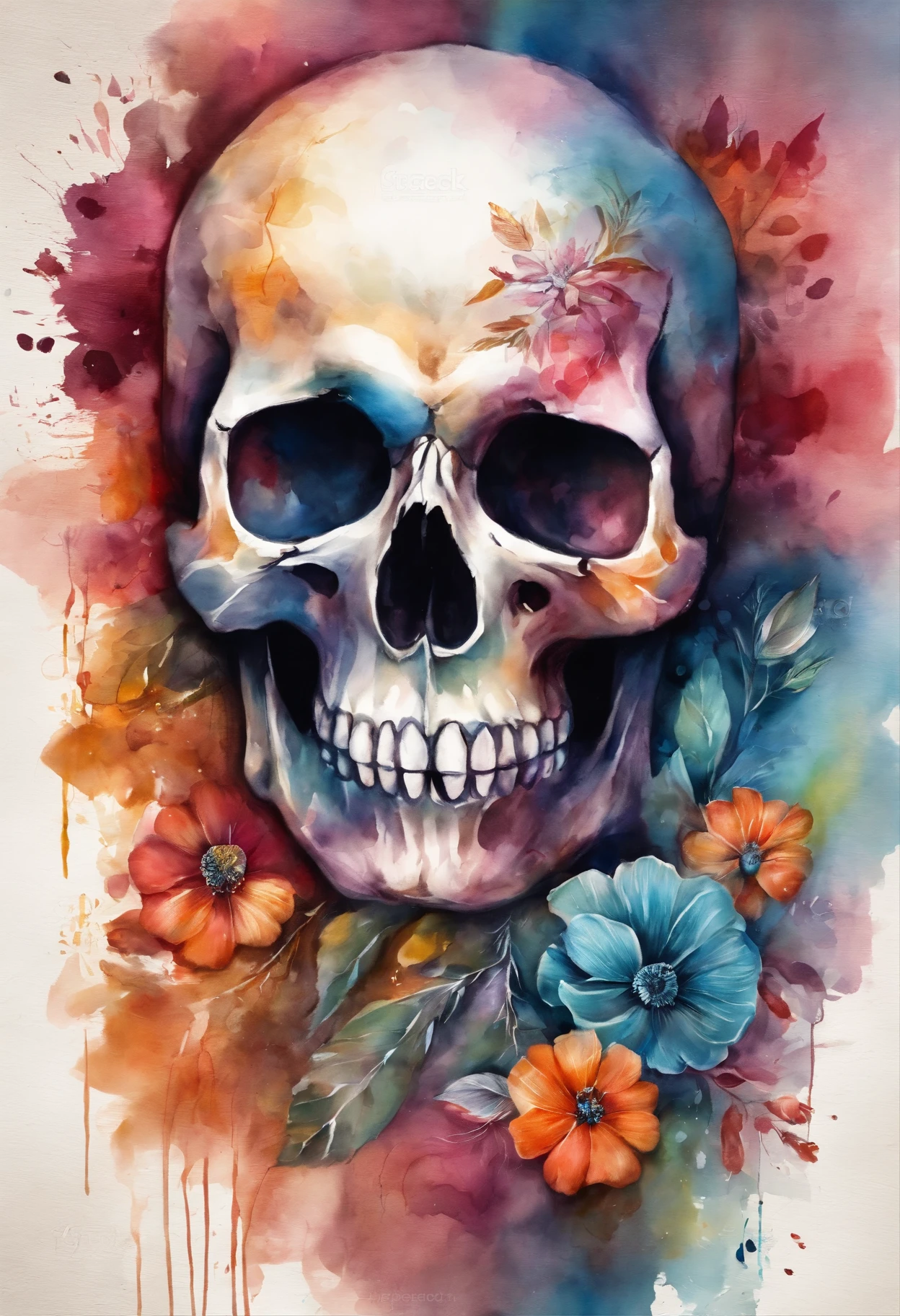 a close up of a skull with enveloped by flowers, ((sugar skull)), day of the dead, fantasy skull, scary detailed art in color, scary color art in 4 k, sacred skull, conjuring psychedelic background, detailed digital artwork, calavera, sacred skulls, psychedelic illustration, sugar skull, skull face, death skull, scary art in color, skull liminal void background, psychedelic art style