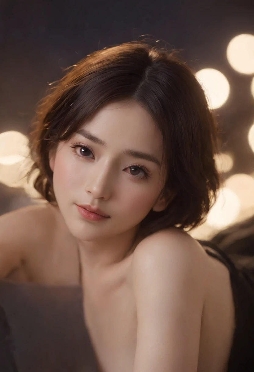 masterpiece, high resolution, illustration, kyoto animation style, your name is movie style, night, midnight, light, (1 woman: 1.3), (solo: 1.4), long eyelashes, short bob, nose blush, futon, lying down, naked, face close-up, hide chest with hands, hide with hands,