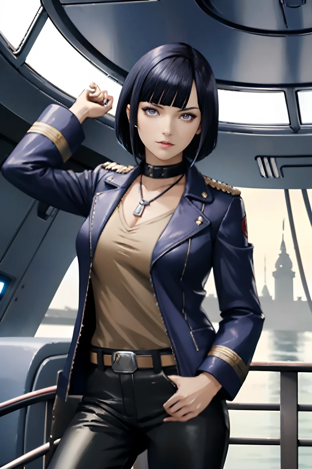 A-Line Bob, Ruby dark blue hair, beautiful woman, starship captain, short jacket, cowboy shot, flirty, military bearing, standing, pirate, on a starship bridge, leather pants, purple eyes, Blunt Bangs