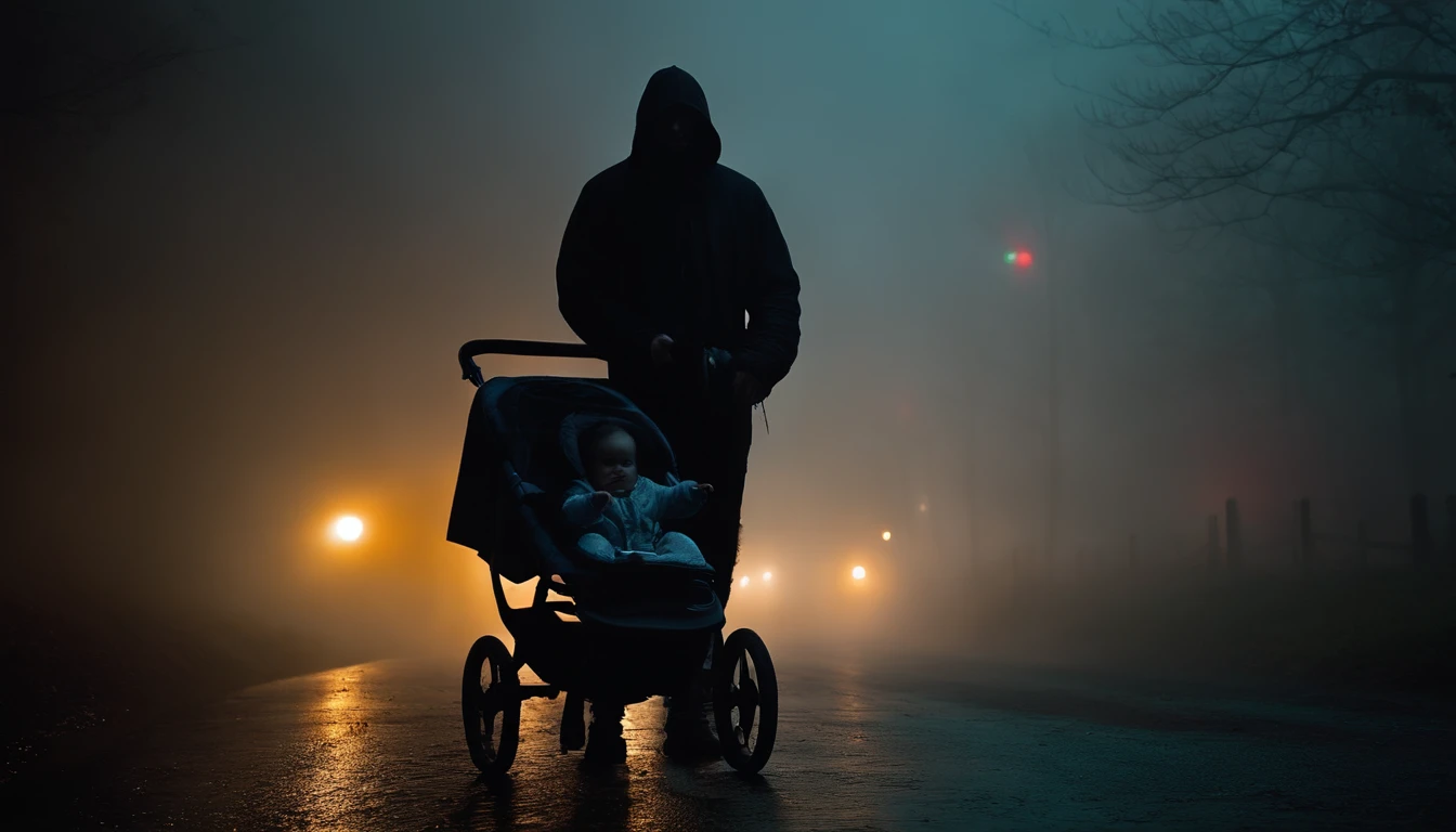 scary man, deep black eyes, torn clothes, the night, night with fog, man holding a baby stroller at night, terror, fog, fog