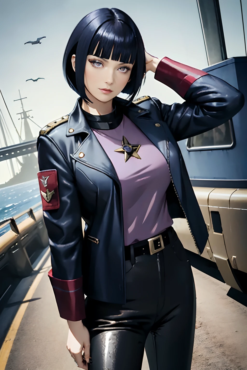 A-Line Bob, Ruby dark blue hair, beautiful woman, starship captain, short jacket, cowboy shot, flirty, military bearing, standing, pirate, on a starship bridge, leather pants, purple eyes, Blunt Bangs