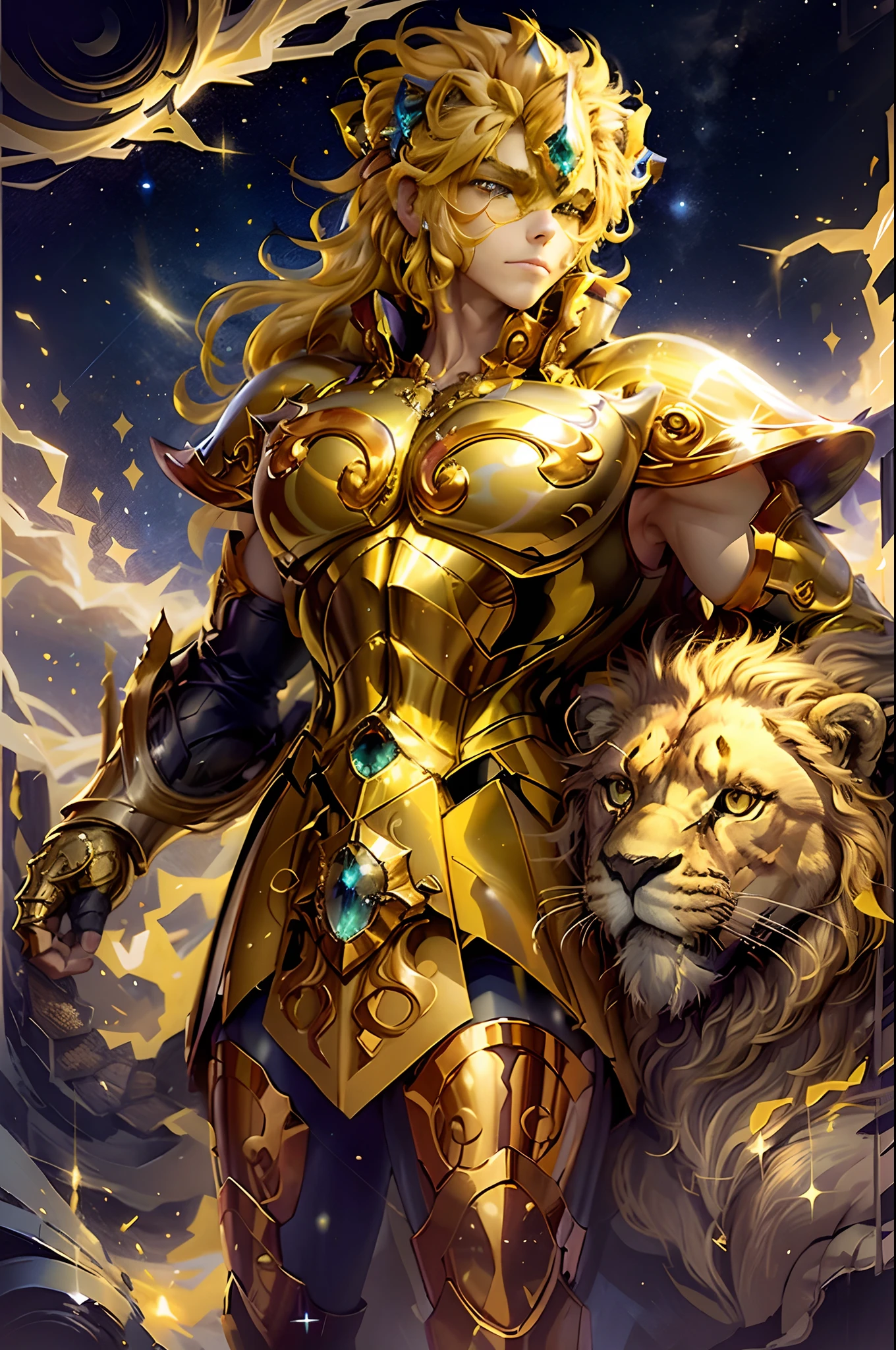 (tmasterpiece,hoang lap,high qulity,best qualtiy,Hyper-detailing,big breasts beautiful),Magical golden Leo: Magical golden Leo
Yellow-haired people: A man with bright yellow hair, Exudes a captivating aura.
Lion companion: Stand next to people, The majestic lion is covered with a charming star motif.
Mysterious starry sky background: vibrant, Colorful galactic background, Shimmering with magic.