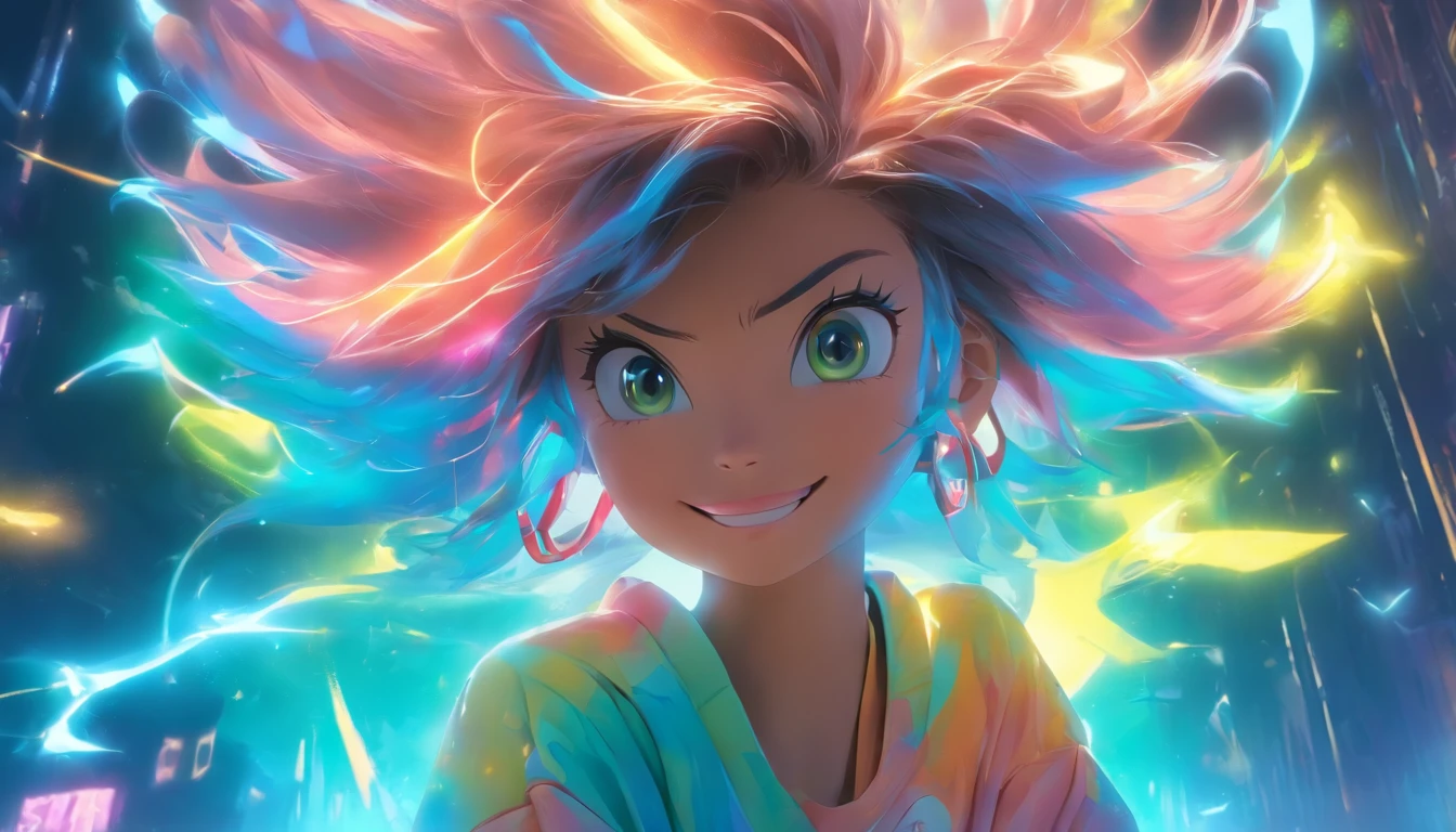 Hyper-realistic,Ultra photo realsisim,super-fine,Genki girl,Full body like,adolable,duck sitting,ssmile,short detailed hair,Qi bangs,sweatshirts,denim pant,athletic sneakers,rays of sunshine,The hair is meticulously depicted,The eyes are meticulously depicted, highly detailed surreal vfx,oc rendered,