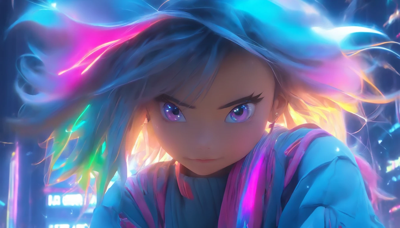 Hyper-realistic，Ultra photo realsisim，super-fine，Genki girl，Full body like，adolable，duck sitting，ssmile，short detailed hair，Qi bangs，sweatshirts，denim pant，athletic sneakers，rays of sunshine，The hair is meticulously depicted，The eyes are meticulously depicted， highly detailed surreal vfx，oc rendered，
