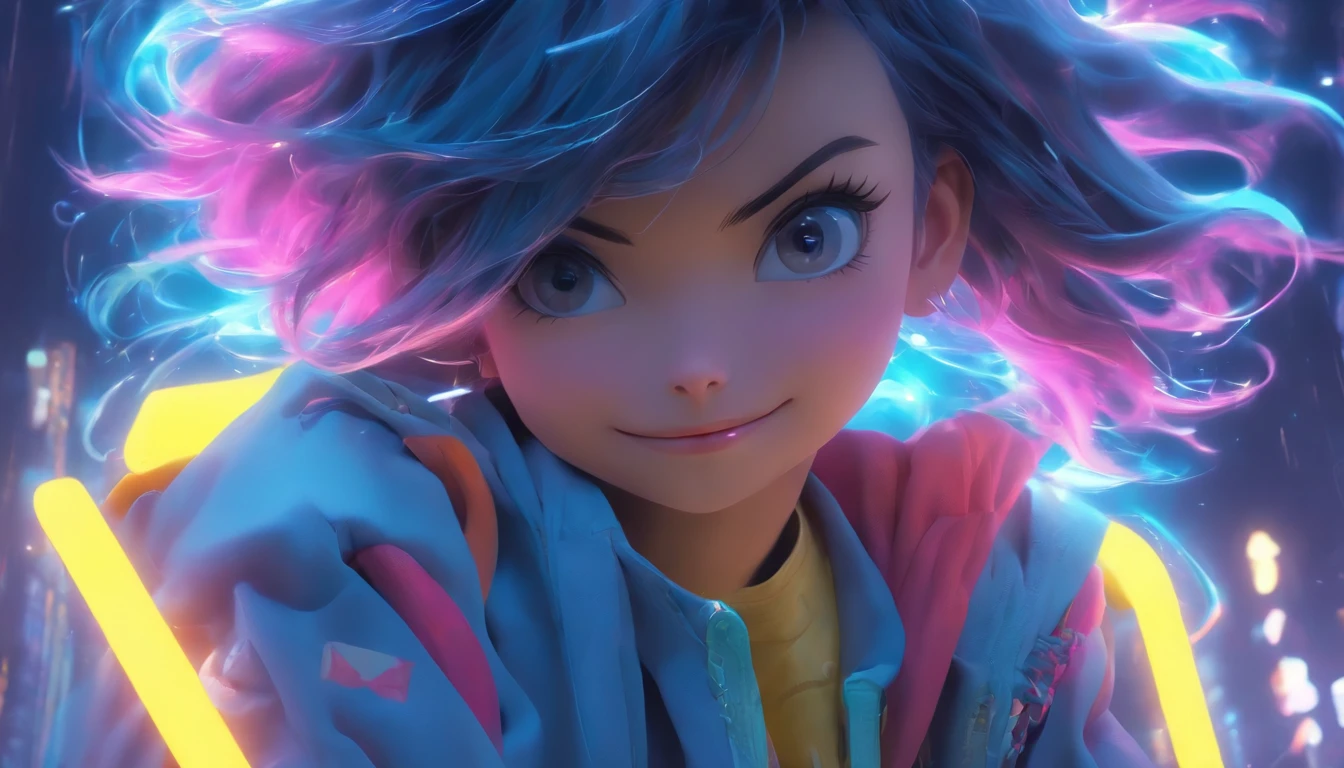 Hyper-realistic，Ultra photo realsisim，super-fine，Genki girl，Full body like，adolable，duck sitting，ssmile，short detailed hair，Qi bangs，sweatshirts，denim pant，athletic sneakers，rays of sunshine，The hair is meticulously depicted，The eyes are meticulously depicted， highly detailed surreal vfx，oc rendered，
