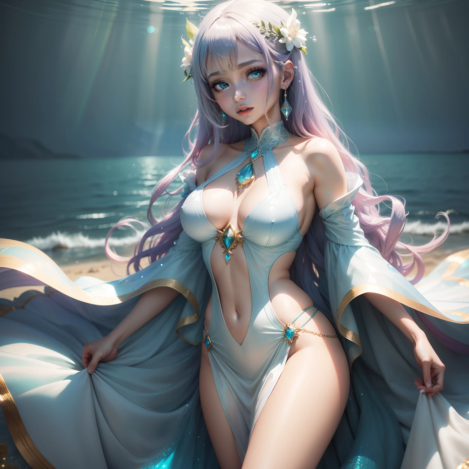 Mulher anime realista com cabelo prata e um vestido transparente ,lips with gloss,Ethereal, colorful gradient, gradient eyes , Ocean city,corais, Arte fantasiosa, luzes refletidas, ethereal rainbows, luz solar, Luz amarela, luz colorida, muito brilho, a lot of iridescence, ambiente fundo do mar, pearling, bolhas de agua, living waters, Aquatic beings , fantasia, luz animada, Living Water style clothes, water movement, fluidez, iluminacao brilhante, anime fantasy illustration,bolhas coloridas, 8k arte detalhada de alta qualidade, espelho reflete a luz、profundidade de campo rasa、ultra-detalhada、exposure to mixing、NFFSW、Seus olhos brilham iridescente,  Muitas cores iridescentes, mother-of-pearl
