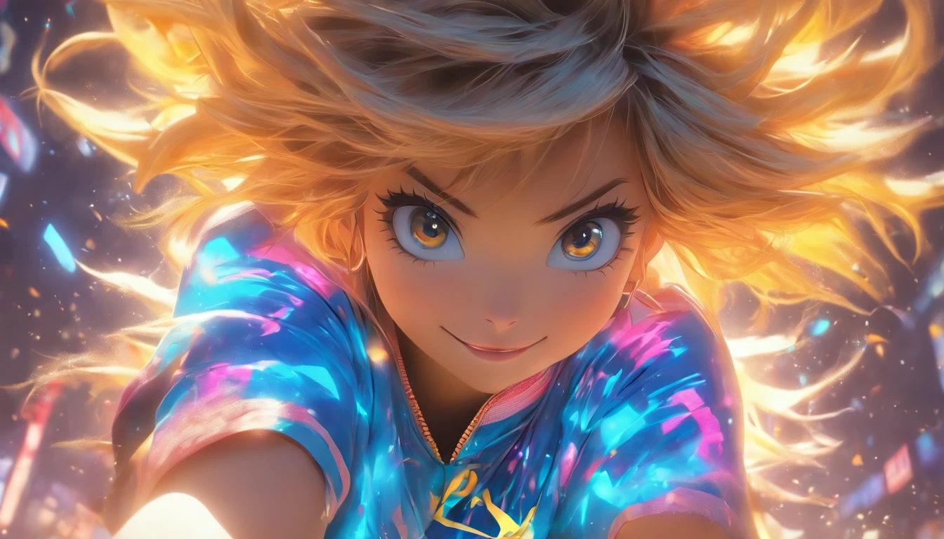 Hyper-realistic，Ultra photo realsisim，super-fine，Genki girl，Full body like，adolable，duck sitting，ssmile，short detailed hair，Qi bangs，sweatshirts，denim pant，athletic sneakers，rays of sunshine，The hair is meticulously depicted，The eyes are meticulously depicted， highly detailed surreal vfx，oc rendered，