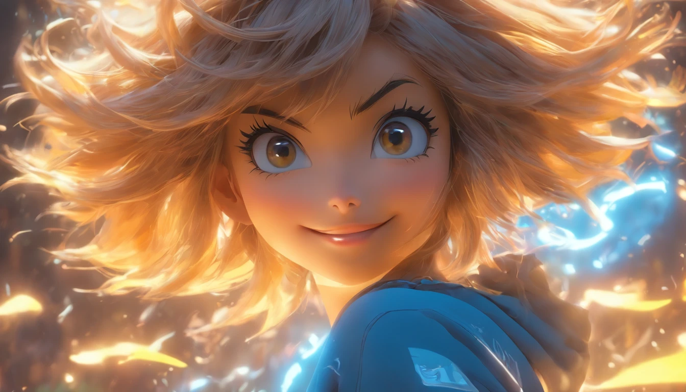 Hyper-realistic,Ultra photo realsisim,super-fine,Genki girl,Full body like,adolable,duck sitting,ssmile,short detailed hair,Qi bangs,sweatshirts,denim pant,athletic sneakers,rays of sunshine,The hair is meticulously depicted,The eyes are meticulously depicted, highly detailed surreal vfx,oc rendered,