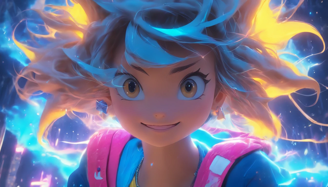 Hyper-realistic,Ultra photo realsisim,super-fine,Genki girl,Full body like,adolable,duck sitting,ssmile,short detailed hair,Qi bangs,sweatshirts,denim pant,athletic sneakers,rays of sunshine,The hair is meticulously depicted,The eyes are meticulously depicted, highly detailed surreal vfx,oc rendered,