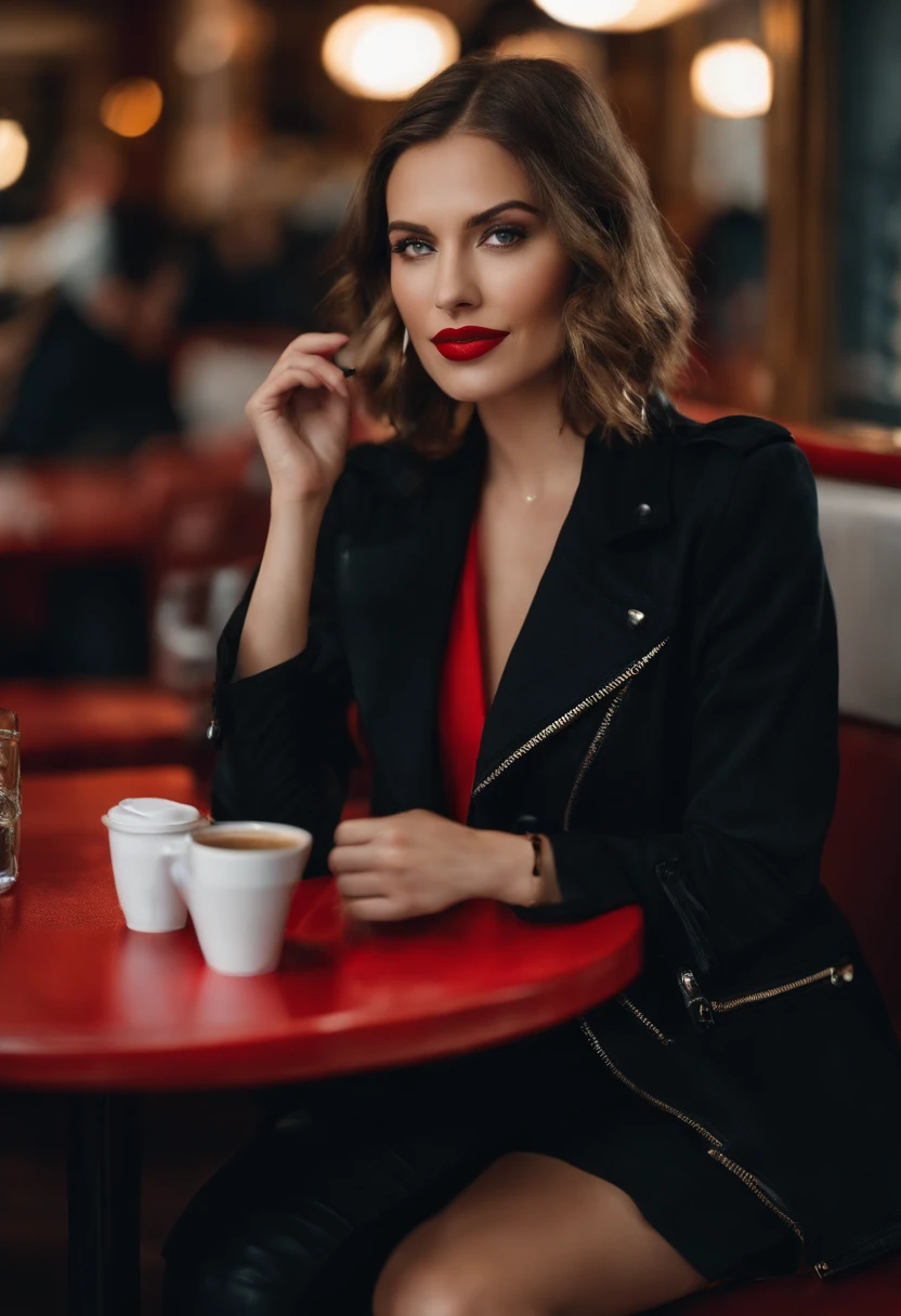 2010s fashion, mid closeup, Canon EF 85mm f/1.2L II USM, A woman sits in a restaurant drinking coffee, Wearing a black jacket and red lips, Emphasize facial expressions, street fashion.