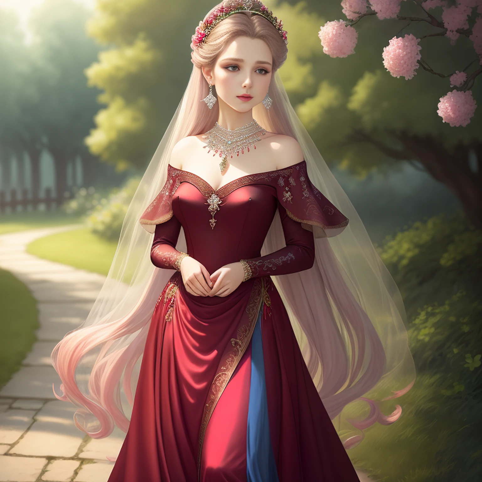 ultra-realistic painting, masterful level, better quality, better HD, finer details), an extremely delicate and beautiful woman, ethereal and poetic, elegant posture, luxurious clothes, (red dress/2.4) | (black outfit), [(blue:1.3)|(pink) long, graceful, flowing hair, delicate and intricate hair accessories, bright and seductive eyes, (small nose) and cherry lips, pearl earrings),] [sky misty, ever-changing colors, indistinct and hazy, blurry and intriguing, flowers blooming, green leaves rustling, soft focus, romantic atmosphere], (path to dreamland