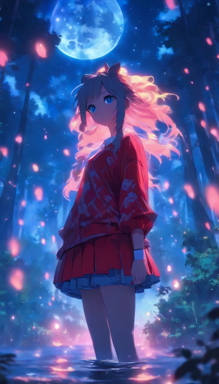 1girll, Solo，ssmile，White shirt, Red skirt, Socks, dual horsetail，Full body like，Beautiful outdoor background, night moon, forest，glowworm，Pisif, concept-art, Lofi art style, Reflection，The hair is meticulously depicted，The eyes are meticulously depicted， highly detailed surreal vfx，oc rendered，