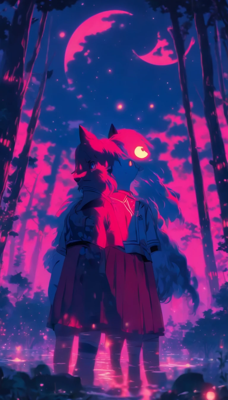 1girll, Solo,ssmile,White shirt, Red skirt, Socks, dual horsetail,Full body like,Beautiful outdoor background, night moon, forest,glowworm,Pisif, concept-art, Lofi art style, Reflection,The hair is meticulously depicted,The eyes are meticulously depicted, highly detailed surreal vfx,oc rendered,