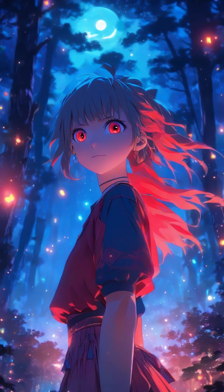 1girll, Solo,ssmile,White shirt, Red skirt, Socks, dual horsetail,Full body like,Beautiful outdoor background, night moon, forest,glowworm,Pisif, concept-art, Lofi art style, Reflection,The hair is meticulously depicted,The eyes are meticulously depicted, highly detailed surreal vfx,oc rendered,