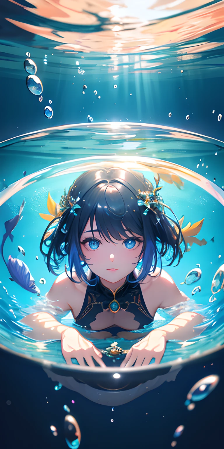 [(Transparent background:1.5)::5],(((masterpiece))),(((best quality))),(((extremely detailed))),illustration, 1girl,solo,mysterious,vivid color,shiny, underwater transparent sealed hemispherical glass dome, (black short hair with fringe),(blue eyes), full body,barefoot,short hair tranquil nature, koi,Underwater, Dome,close up,Dynamic actions,Lens perspective,(((Box composition))),smimming (water bubble surround), volumetric lighting, multi-color eyes, detailed eyes, hyper detailed,light smile, highly detailed, beautiful, small details, ultra detailed, best quality, intricate, 4k, 8k, trending on artstation, good anatomy, beautiful lighting, award-winning,