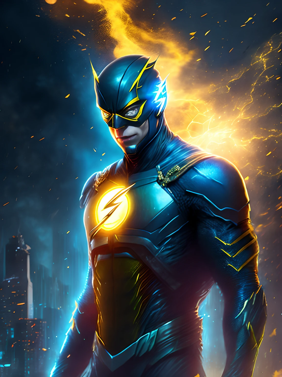 gloomy portrait of Flash Yellow Lantern from DC, extremely detailed, futuristic cityscape, nighttime, glowing neon lights, smoke, sparks, metal shavings, flying debris, blue energy effects, volumetric light