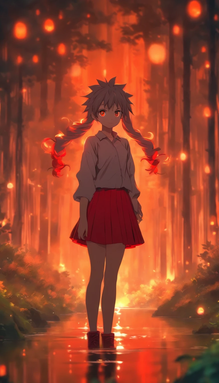 1girll, Solo，ssmile，White shirt, Red skirt, Socks, dual horsetail，Full body like，Beautiful outdoor background, night moon, forest，glowworm，Pisif, concept-art, Lofi art style, Reflection，The hair is meticulously depicted，The eyes are meticulously depicted， highly detailed surreal vfx，oc rendered，