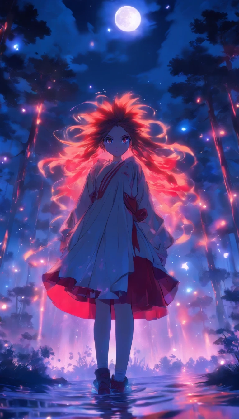 1girll, Solo,ssmile,White shirt, Red skirt, Socks, dual horsetail,Full body like,Beautiful outdoor background, night moon, forest,glowworm,Pisif, concept-art, Lofi art style, Reflection,The hair is meticulously depicted,The eyes are meticulously depicted, highly detailed surreal vfx,oc rendered,