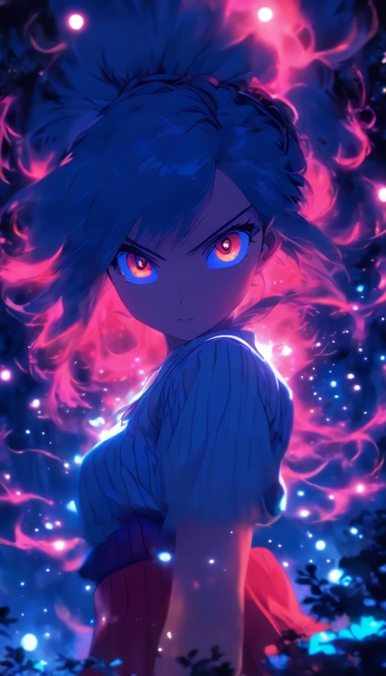1girll, Solo,ssmile,White shirt, Red skirt, Socks, dual horsetail,Full body like,Beautiful outdoor background, night moon, forest,glowworm,Pisif, concept-art, Lofi art style, Reflection,The hair is meticulously depicted,The eyes are meticulously depicted, highly detailed surreal vfx,oc rendered,