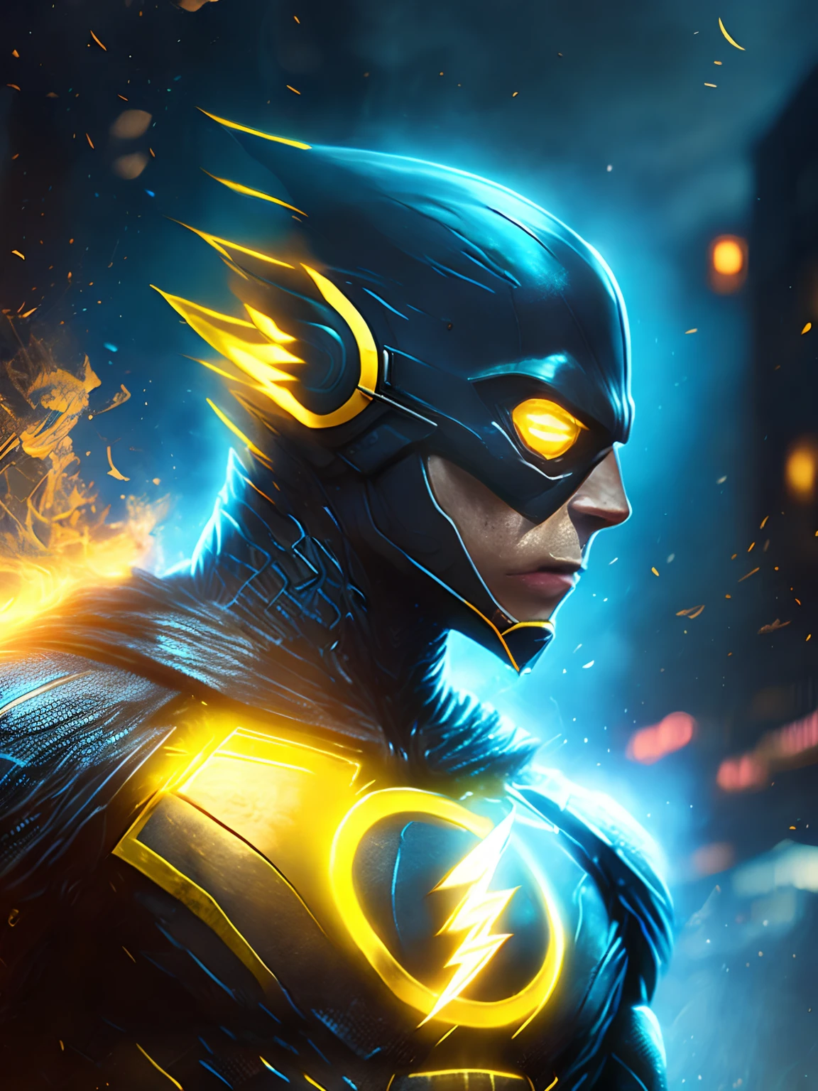 gloomy portrait of Flash Yellow Lantern from DC, extremely detailed, futuristic cityscape, nighttime, glowing neon lights, smoke, sparks, metal shavings, flying debris, blue energy effects, volumetric light