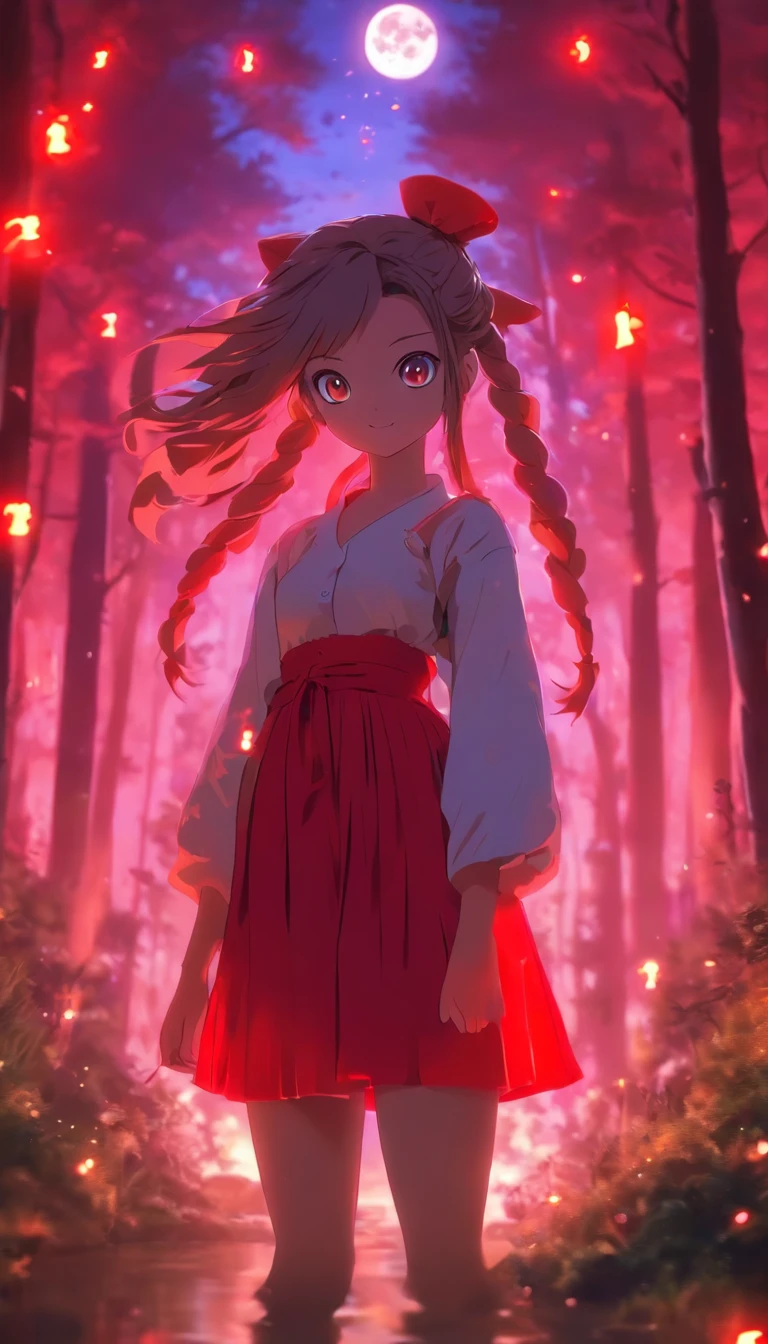 1girll, Solo，ssmile，White shirt, Red skirt, Socks, dual horsetail，Full body like，Beautiful outdoor background, night moon, forest，glowworm，Pisif, concept-art, Lofi art style, Reflection，The hair is meticulously depicted，The eyes are meticulously depicted， highly detailed surreal vfx，oc rendered，