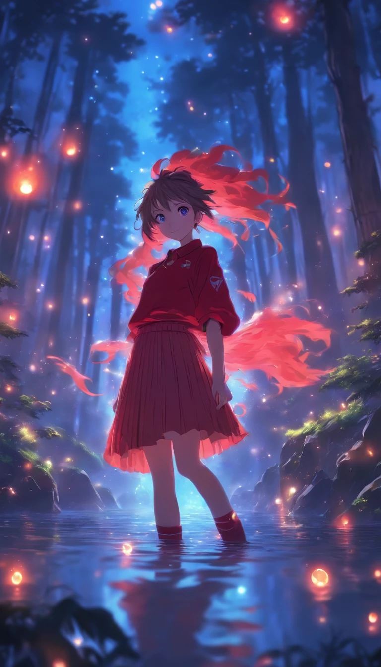 1girll, Solo，ssmile，White shirt, Red skirt, Socks, dual horsetail，Full body like，Beautiful outdoor background, night moon, forest，glowworm，Pisif, concept-art, Lofi art style, Reflection，The hair is meticulously depicted，The eyes are meticulously depicted， highly detailed surreal vfx，oc rendered，