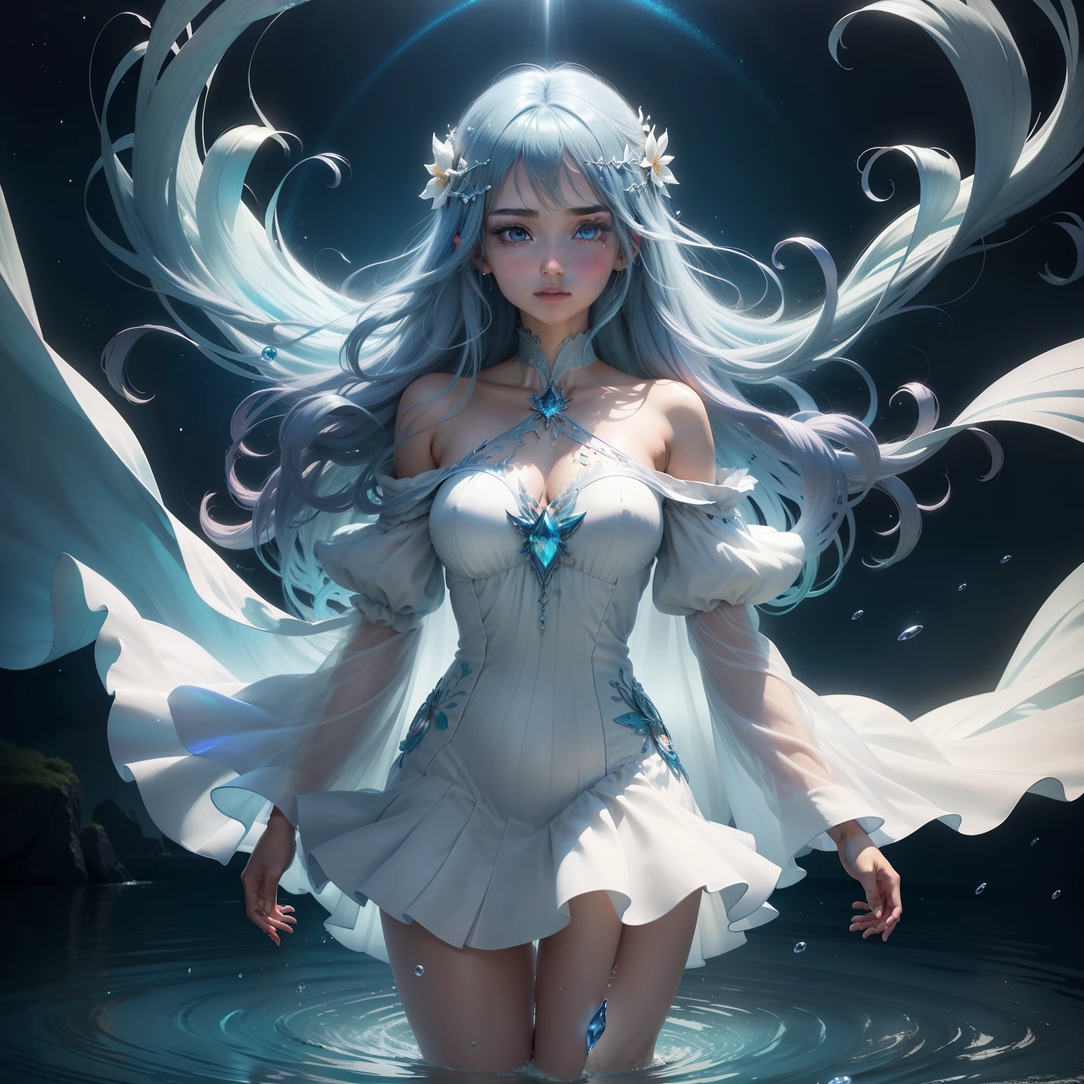 Divindade anime realista com cabel prata e um vestido transparente , ethereal, Ocean city,corais, arte fantasiosa, magico , luzes refletidas, ethereal rainbows, iridescence, ambiente fundo do mar, pearling, bolhas de agua, living waters, Aquatic beings , fantasia, luz animada, Living Water style clothes, Drive, visao de lado, iluminacao brilhante, anime fantasy illustration,bolhas coloridas, 8k arte detalhada de alta qualidade, beautiful young wind spirit, Ethereal Fantasy, fada astral, iridescence, UDH, alto detalhamento