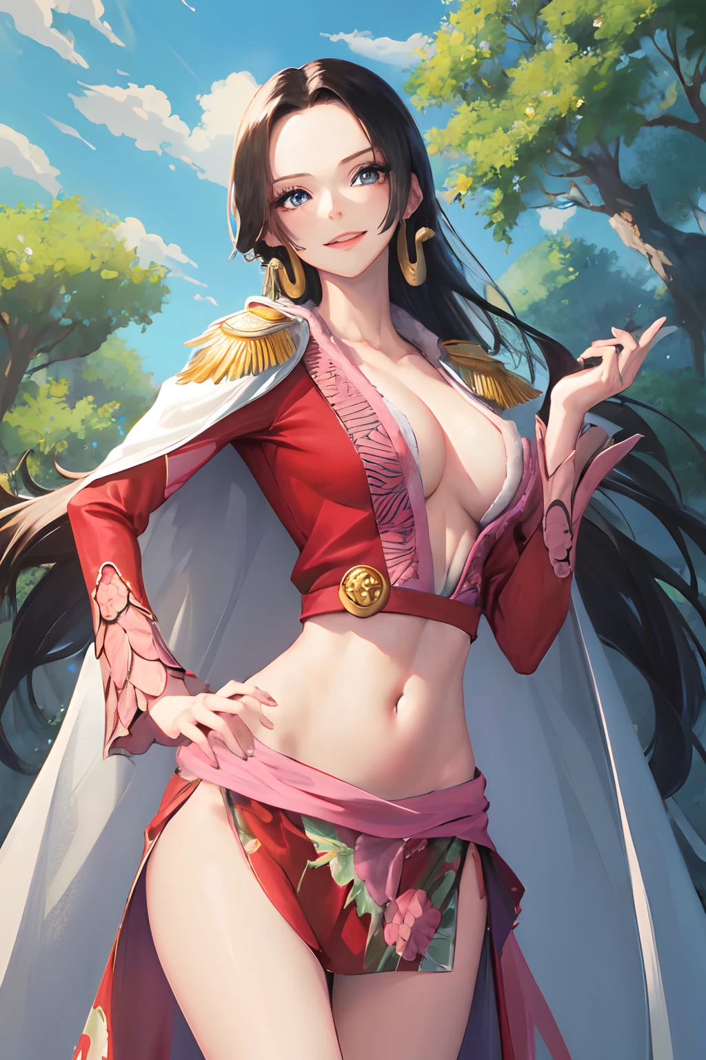 masterpiece, best quality, highres, hancock1, 1girl, boa hancock, large breasts, long hair, epaulettes, cape, crop top, side slit, cowboy shot, stading, outdoors, smile,