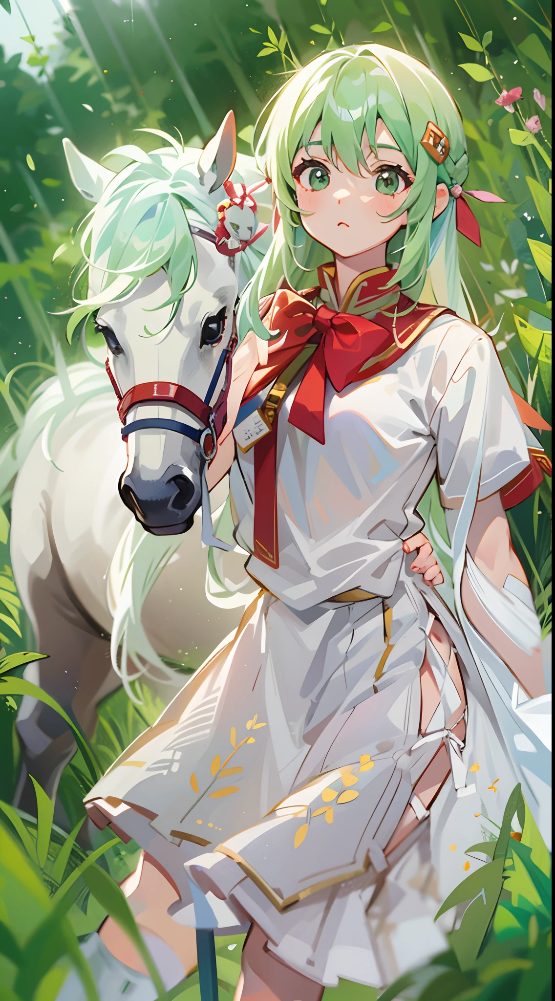 1girll,solo person，White color blouse，Genki，Full of vitality，Red skirt，Socks，dual horsetail，scenecy，the detail，，depth of fields，optic，Works of masters，super high image quality，High picture quality