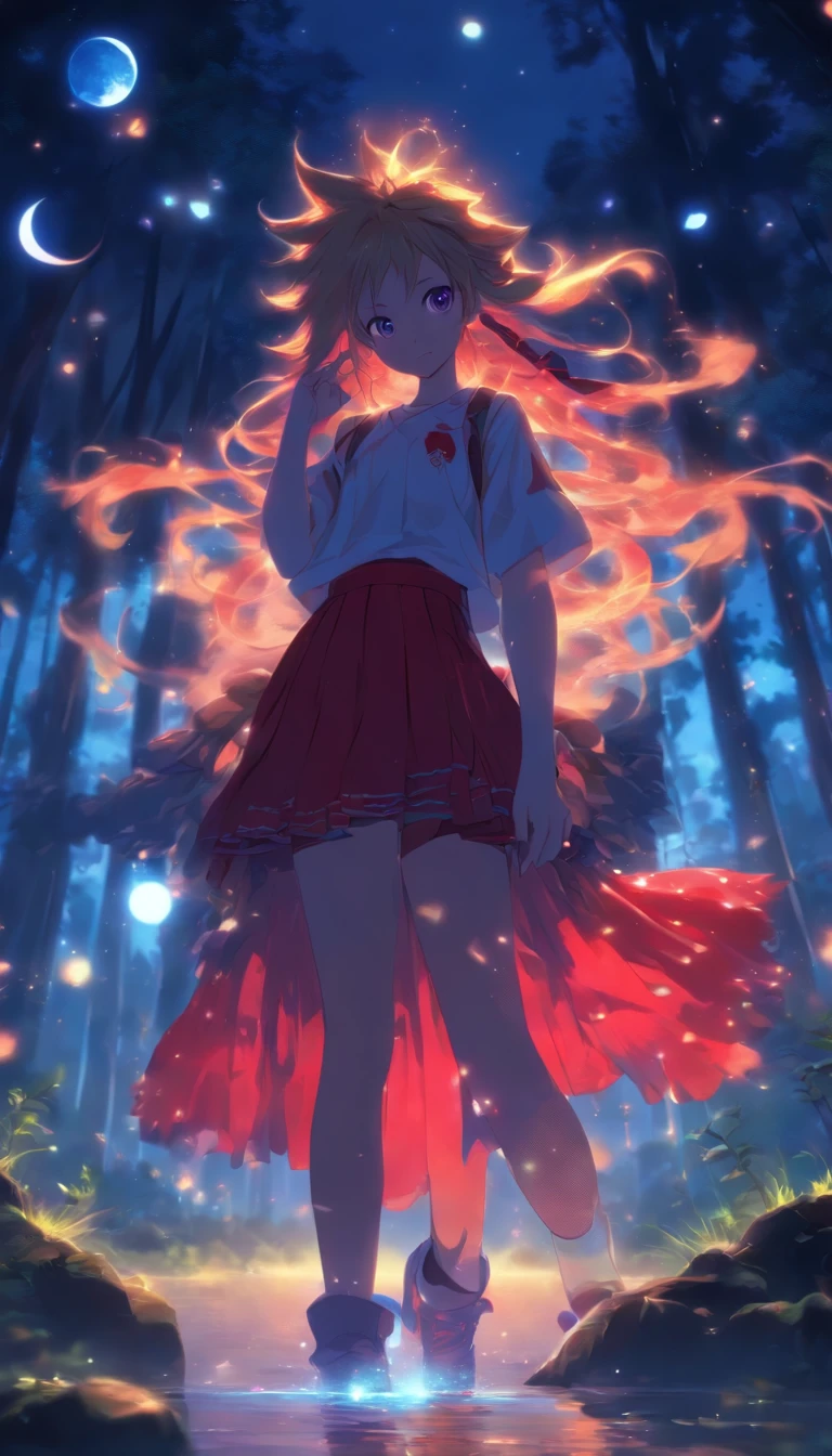 1girll, Solo,ssmile,White shirt, Red skirt, Socks, dual horsetail,Full body like,Beautiful outdoor background, night moon, forest,glowworm,Pisif, concept-art, Lofi art style, Reflection,The hair is meticulously depicted,The eyes are meticulously depicted, highly detailed surreal vfx,oc rendered,