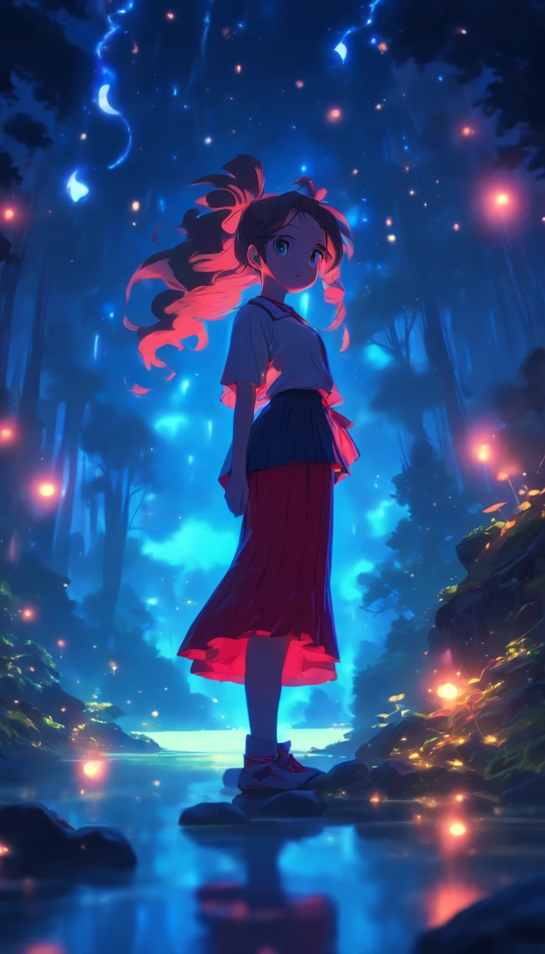1girll, Solo,ssmile,White shirt, Red skirt, Socks, dual horsetail,Full body like,Beautiful outdoor background, night moon, forest,glowworm,Pisif, concept-art, Lofi art style, Reflection,The hair is meticulously depicted,The eyes are meticulously depicted, highly detailed surreal vfx,oc rendered,