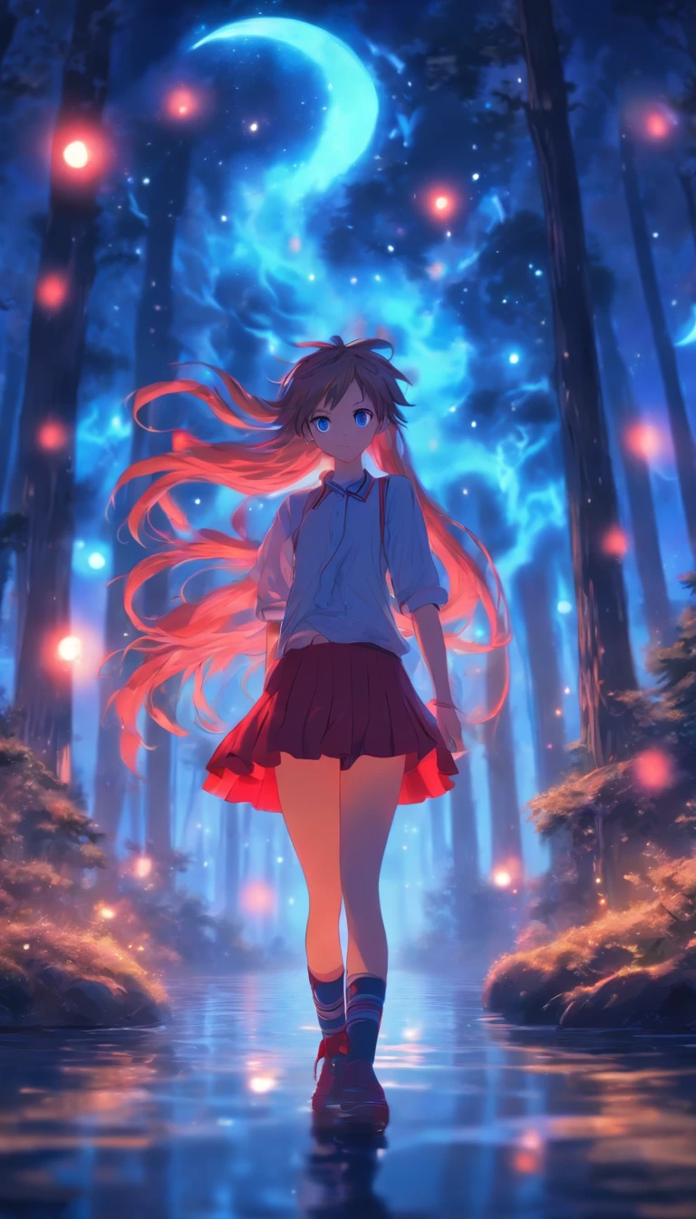 1girll, Solo,ssmile,White shirt, Red skirt, Socks, dual horsetail,Full body like,Beautiful outdoor background, night moon, forest,glowworm,Pisif, concept-art, Lofi art style, Reflection,The hair is meticulously depicted,The eyes are meticulously depicted, highly detailed surreal vfx,oc rendered,