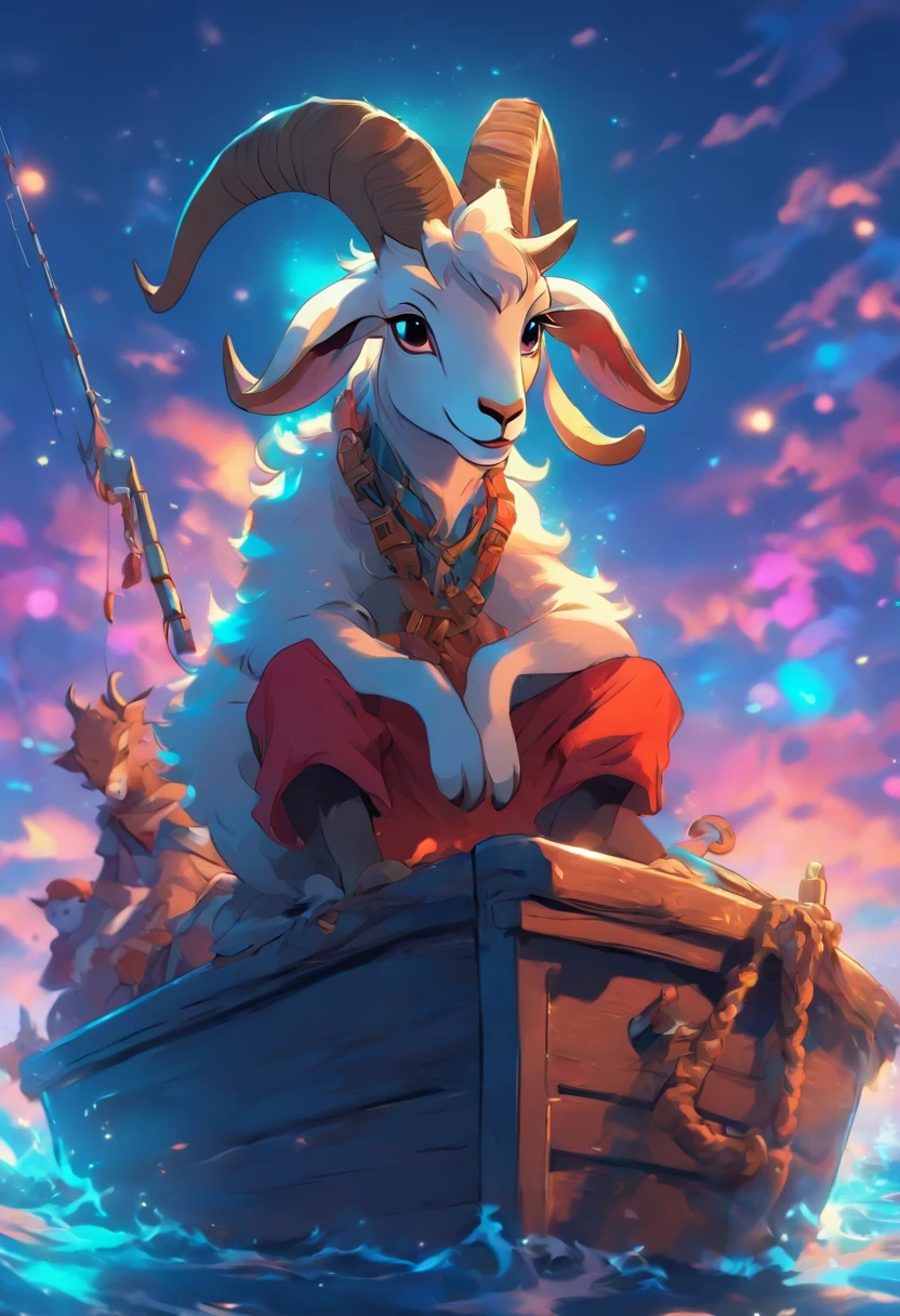 a humanoid goat, sitting on the boat fishing, having fun, cartoon style, promotional art, very stylized character design