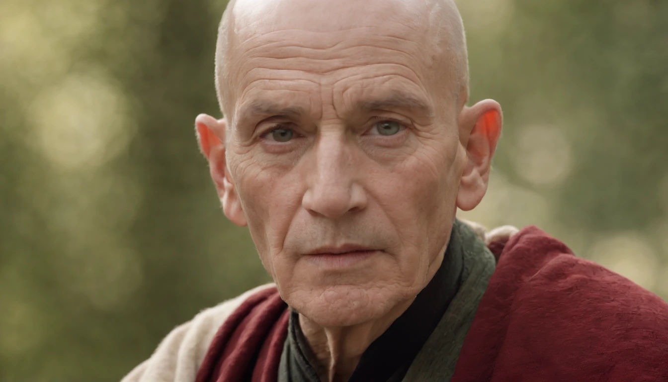 (((a deep red wound crosses his left cheek)) light skin, meditating man about 90 years old, bald, Zen master, natural white, distinctive green eyes, ultra-detailed face, with many wrinkles and graceful, beautiful, in an Italian medieval setting, ultra-sharp focus, photo realistic, medieval men's clothing, tetrahedral colors (scar:1.4)