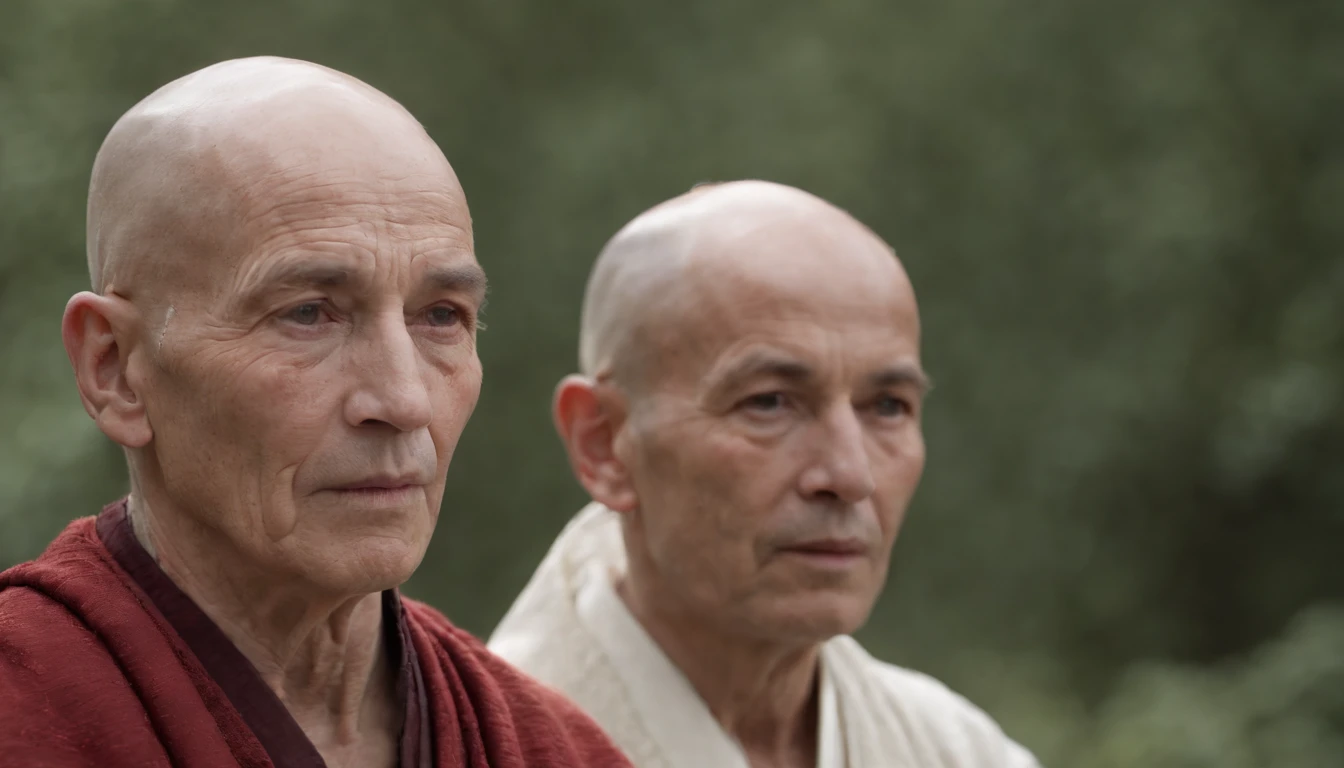 (((a deep red wound crosses his left cheek)) light skin, meditating man about 90 years old, bald, Zen master, natural white, distinctive green eyes, ultra-detailed face, with many wrinkles and graceful, beautiful, in an Italian medieval setting, ultra-sharp focus, photo realistic, medieval men's clothing, tetrahedral colors (scar:1.4)