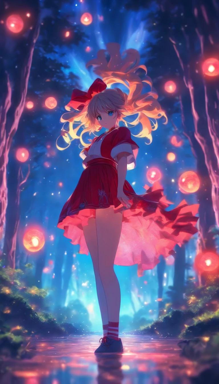 1girll, Solo,ssmile,White shirt, Red skirt, Socks, dual horsetail,Full body like,Beautiful outdoor background, night moon, forest,glowworm,Pisif, concept-art, Lofi art style, Reflection,The hair is meticulously depicted,The eyes are meticulously depicted, highly detailed surreal vfx,oc rendered,