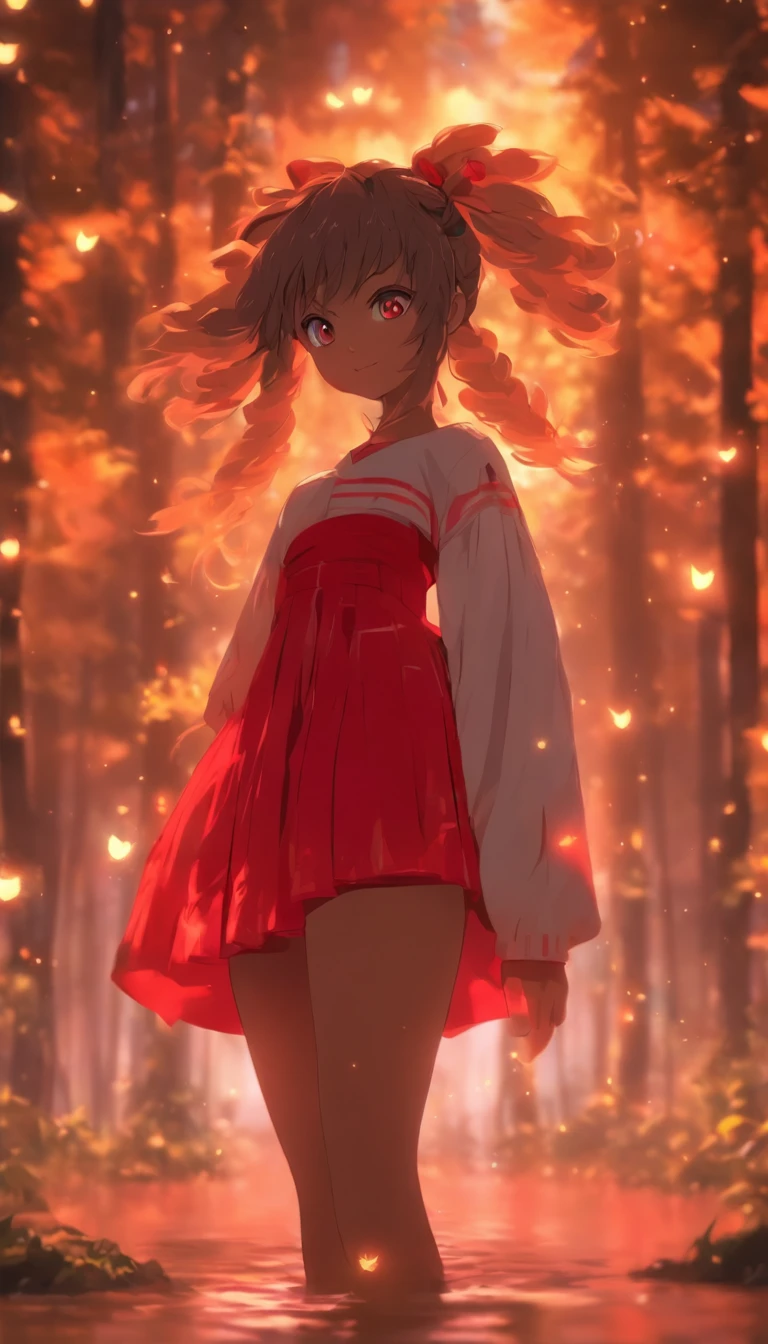 1girll, Solo，ssmile，White shirt, Red skirt, Socks, dual horsetail，Full body like，Beautiful outdoor background, night moon, forest，glowworm，Pisif, concept-art, Lofi art style, Reflection，The hair is meticulously depicted，The eyes are meticulously depicted， highly detailed surreal vfx，oc rendered，