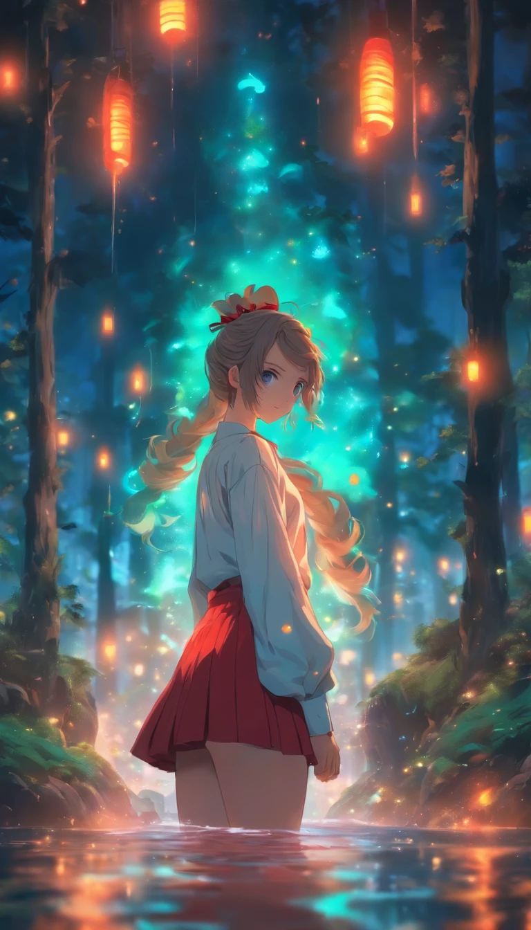 1girll, Solo，ssmile，White shirt, Red skirt, Socks, dual horsetail，Full body like，Beautiful outdoor background, night moon, forest，glowworm，Pisif, concept-art, Lofi art style, Reflection，The hair is meticulously depicted，The eyes are meticulously depicted， highly detailed surreal vfx，oc rendered，