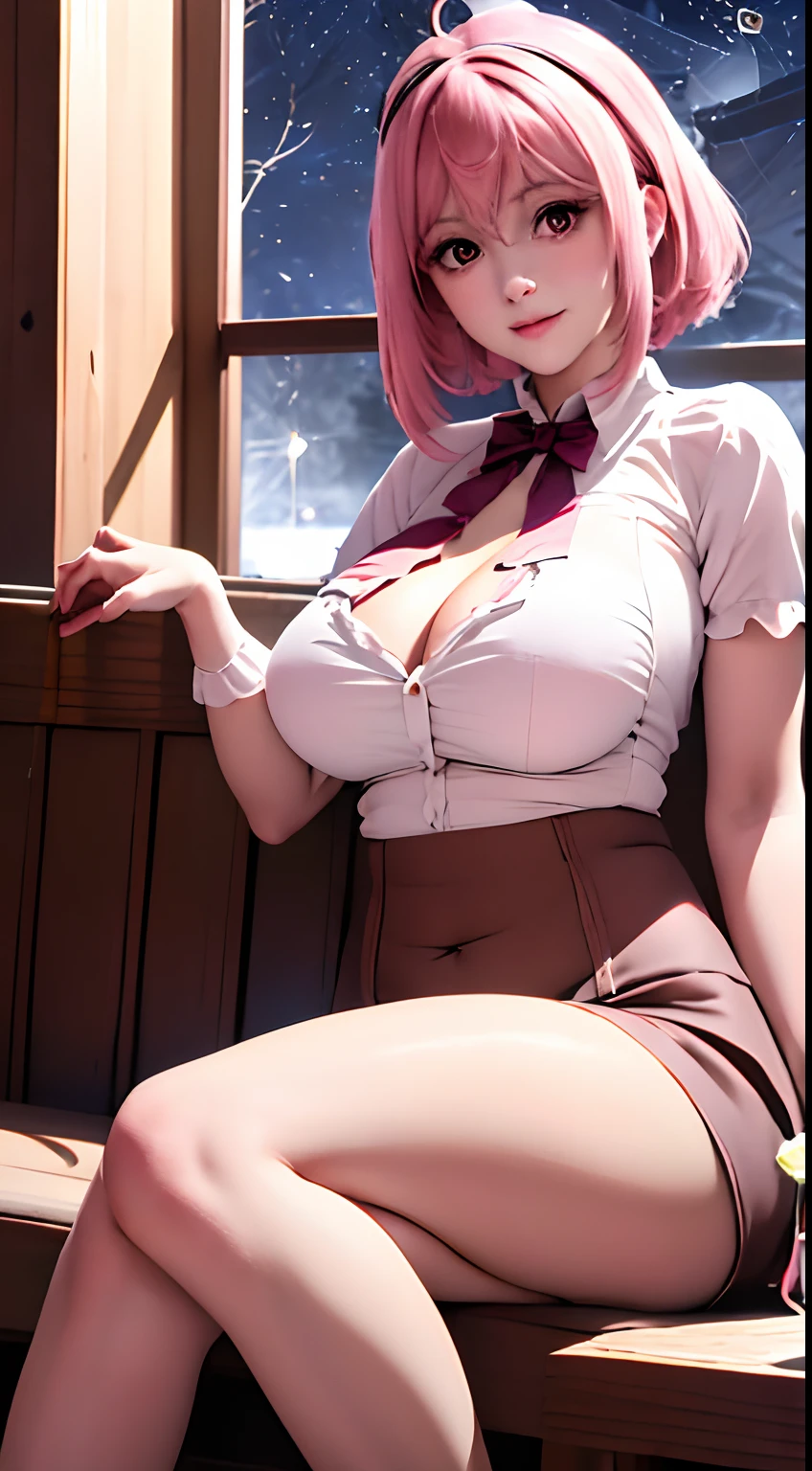 place:(Night:1.7), in the forest,Wooden_house,Beside_window,
action:sitting at attention,sitting on couch,
trappings:
The character:the hair:Pink_hair,
Role locking:
1 girl, Manga,20yo,mature female,Beautiful Finger,Beautiful long legs,Beautiful body,Beautiful Nose,Beautiful character design, perfect eyes, perfect face,
Eye expressions:
looking at viewer, (innocent_big_eyes:1.0),(expressionless:1.3),
Quality:
official art,extremely detailed CG unity 8k wallpaper, perfect lighting,Colorful, Bright_Front_face_Lighting,
(masterpiece:1.0),(best_quality:1.0), ultra high res,4K,ultra-detailed,
photography, 8K, HDR, highres, absurdres:1.2, Kodak portra 400, film grain, blurry background, bokeh:1.2, lens flare, (vibrant_color:1.2)
big breasts body:
(Beautiful,large_Breasts:1.4), (beautiful_face:1.5),(narrow_waist),