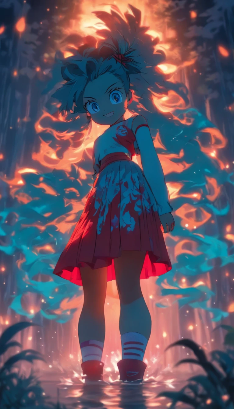 1girll, Solo,ssmile,White shirt, Red skirt, Socks, dual horsetail,Full body like,Beautiful outdoor background, night moon, forest,glowworm,Pisif, concept-art, Lofi art style, Reflection,The hair is meticulously depicted,The eyes are meticulously depicted, highly detailed surreal vfx,oc rendered,