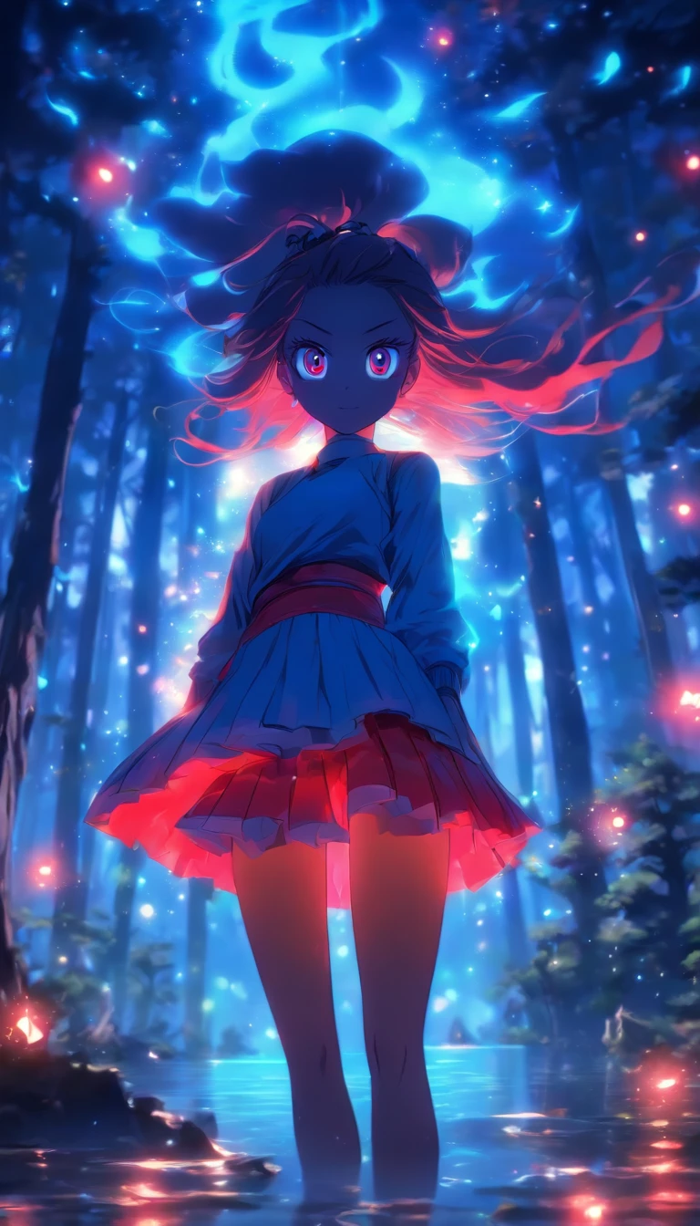 1girll, Solo，ssmile，White shirt, Red skirt, Socks, dual horsetail，Full body like，Beautiful outdoor background, night moon, forest，glowworm，Pisif, concept-art, Lofi art style, Reflection，The hair is meticulously depicted，The eyes are meticulously depicted， highly detailed surreal vfx，oc rendered，