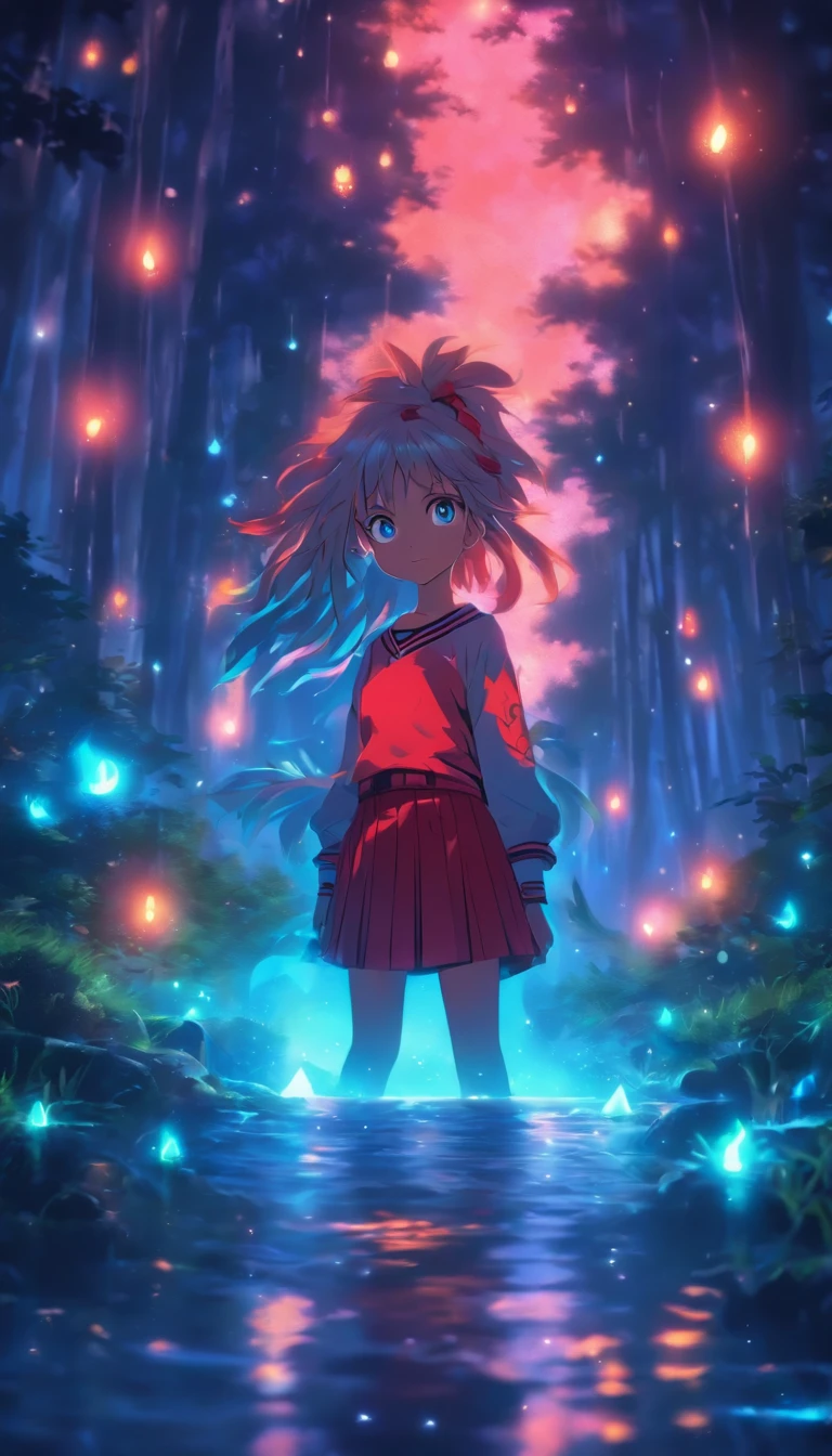 1girll, Solo，ssmile，White shirt, Red skirt, Socks, dual horsetail，Full body like，Beautiful outdoor background, night moon, forest，glowworm，Pisif, concept-art, Lofi art style, Reflection，The hair is meticulously depicted，The eyes are meticulously depicted， highly detailed surreal vfx，oc rendered，