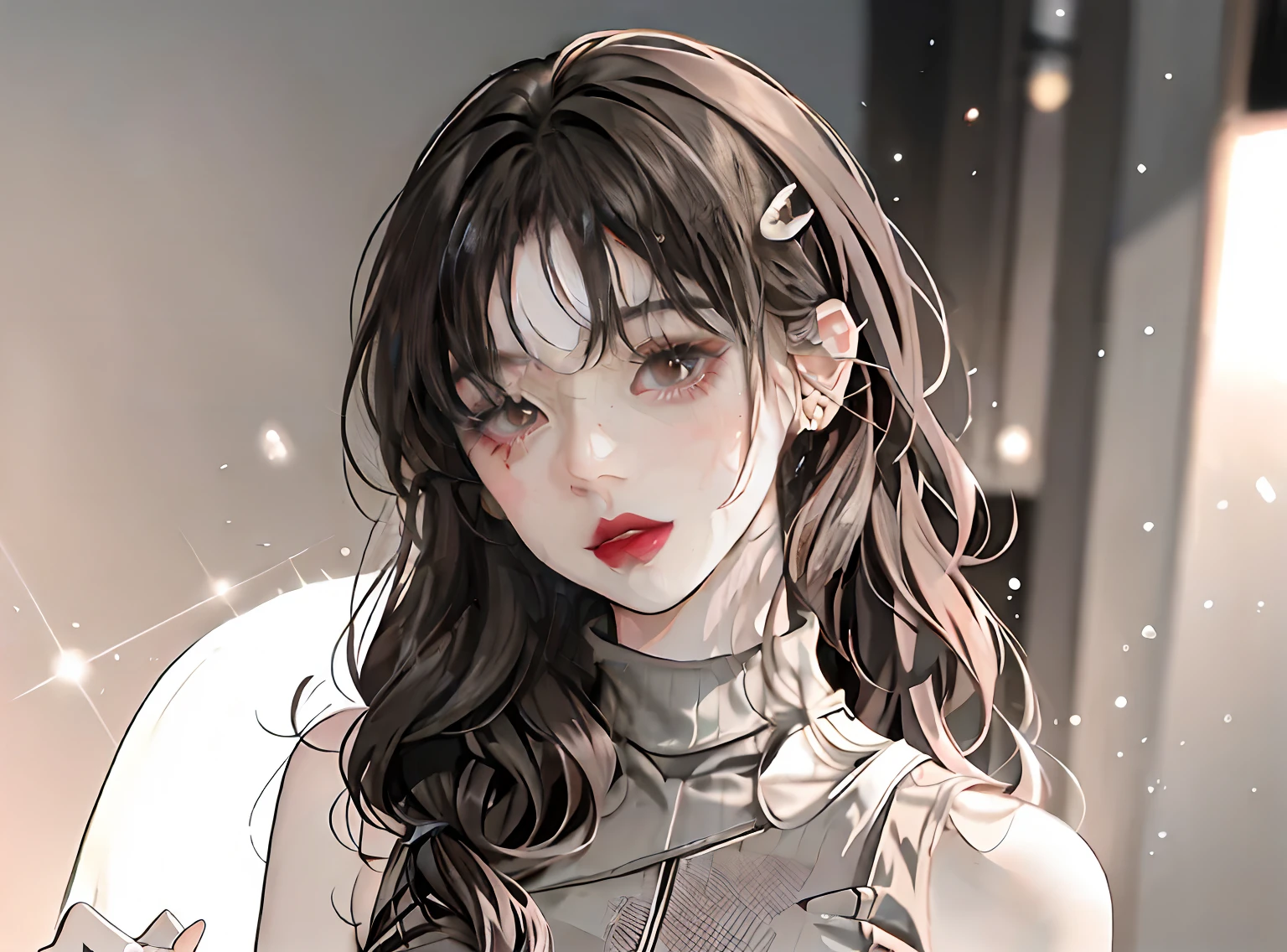 Anime girl with long hair and red lips in a gray dress, Digital anime illustration, Anime style portrait, portrait anime girl, a beautiful anime portrait, detailed portrait of an anime girl, in the art style of bowater, 🤤 girl portrait, Guviz-style artwork, Portrait of an anime girl, High Quality Anime Art Style, Kawaii Reality Shaw