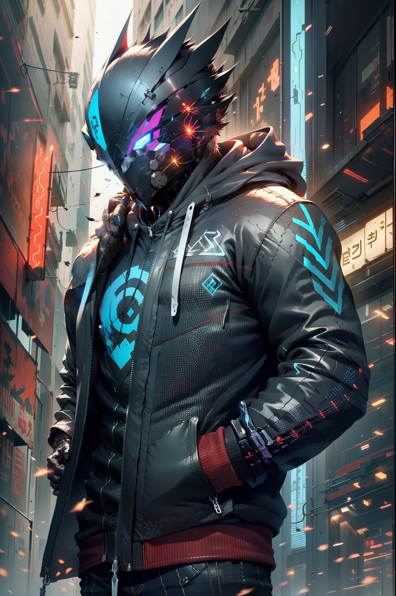 There was a boy wearing a mask and a black hoodie，With a knife in his hand, Hyper-realistic cyberpunk style，Digital cyberpunk anime style，cyan colors