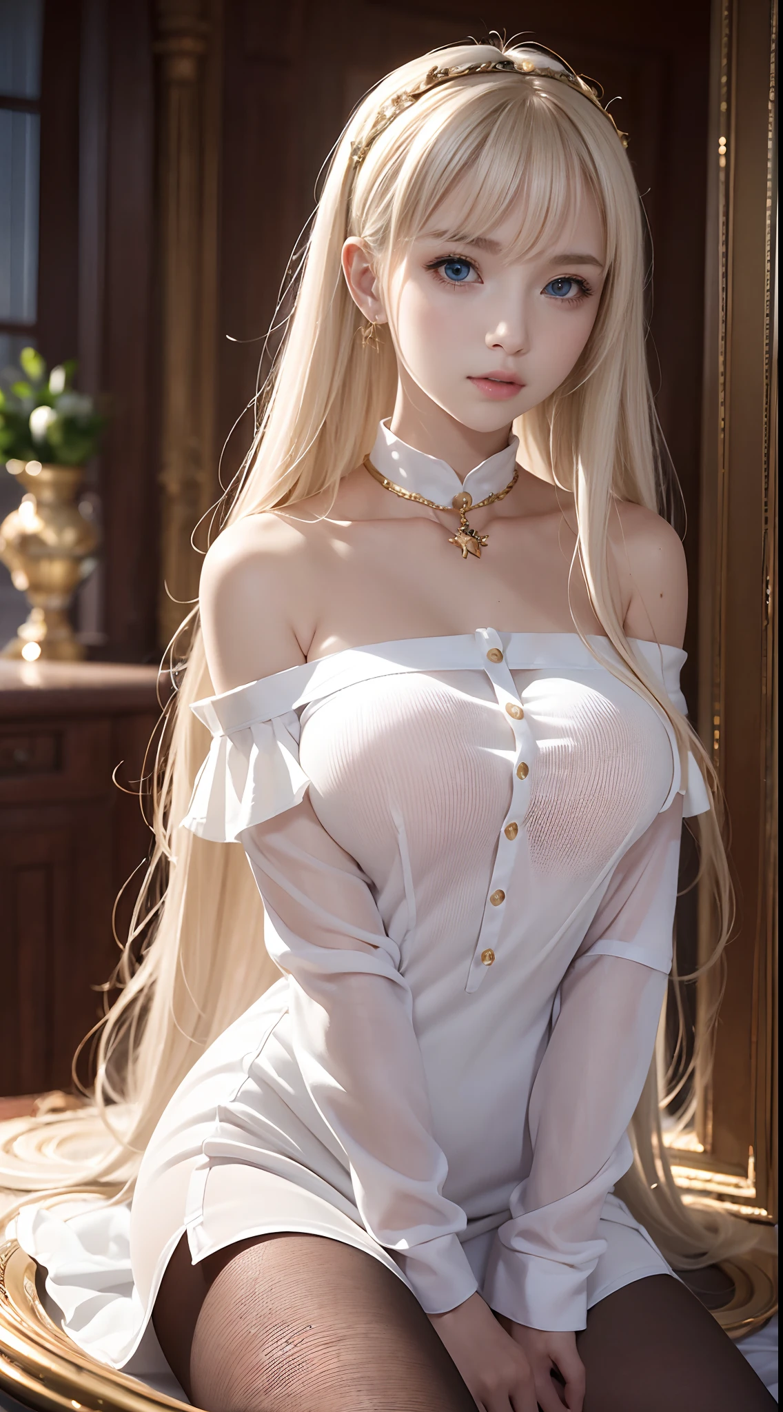 bright expression、young and shiny white shiny skin、Best Looks、Gold reflects light、Platinum blonde hair,Shine brightly、Shiny light hair,、Super long silky straight hair、Beautiful bangs that shine、Big blue eyes sparkling,Like crystal clear,mesmerising、Very nice and lovely 16 year old girl、Lush bust,Beautiful detailed eyes, Beautiful detailed nose,(( full bodyesbian:1.5)),Eyes emphasize makeup、,(A woman like Joan of Arc)、Royal style,Comic style, , Sub-surface scattering, ornate detail, nature backdrop, Hyper-realistic, ((Cinematic)), Dramatic lighting, masutepiece、((Off-the-shoulder white shirt dress:1.4))、((Fight on the battlefield))、(Loose and fluffy perm:1.4)、1 girl in、(bob hair)、ultra realistic 8k cg, Picture-perfect face, Flawless, Clean, masutepiece, Professional artwork, famousartwork, Perfect face, Beautiful face, Beautiful eyes, ((Perfect female body)), Solo,(Immersive atmosphere, Chiaroscuro:1.5,Bright light:1.2,luminouslighting),(Blush:0.5),Enchanted expression,Extremely detailed_Eyes,Thick thighs,Large breasts,beautifullydetailedbackground,depth of fields,Realistic:1.3, shot from afar,Sitting, full bodyesbian, (ambient lights:1.3),(Cinematic composition:1.3),(Neon light:0.1),(NFFSW:0.1),emphasis lighting, Pantyhose,High neck clothes,