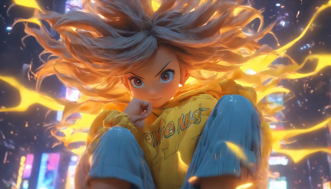 Hyper-realistic，Ultra photo realsisim，super-fine，Genki girl，Full body like，adolable，Sit cross-legged，ssmile，short detailed hair，Qi bangs，sweatshirts，denim pant，athletic sneakers，rays of sunshine，The hair is meticulously depicted，The eyes are meticulously depicted， highly detailed surreal vfx，oc rendered，