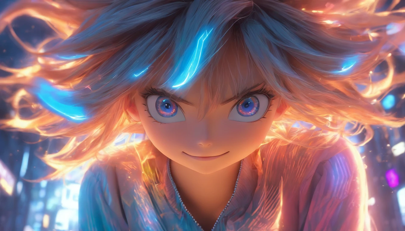 Hyper-realistic,Ultra photo realsisim,super-fine,Genki girl,Full body like,adolable,Sit cross-legged,ssmile,short detailed hair,Qi bangs,sweatshirts,denim pant,athletic sneakers,rays of sunshine,The hair is meticulously depicted,The eyes are meticulously depicted, highly detailed surreal vfx,oc rendered,