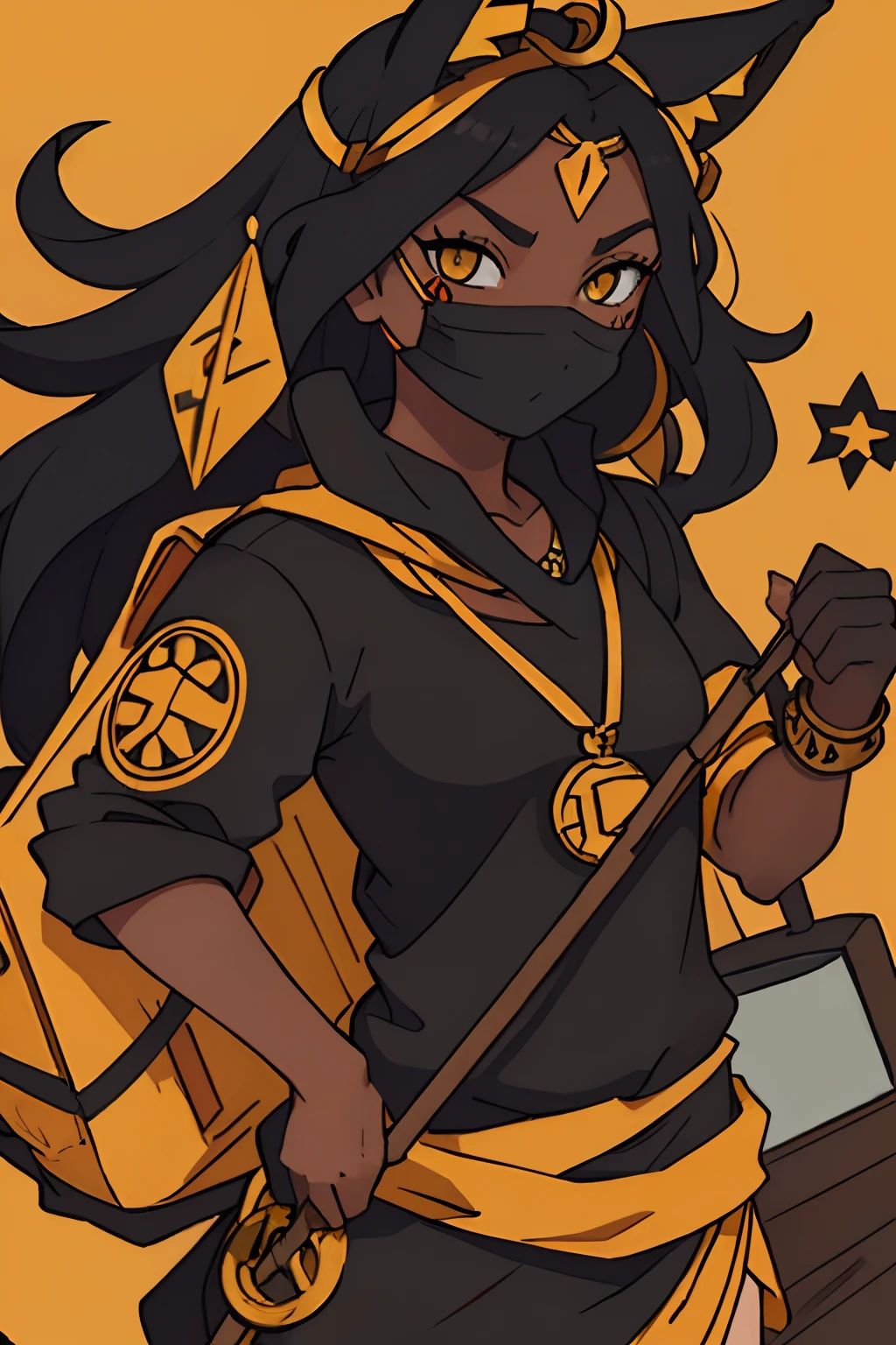 Long black hair, dark skin, merchant, merchant gear, big backpack, lantern on hip, orange yellow eyes, side-masks, fox ears, staff, egyptian staff, necklaces, forehead tattoo, hand symbols, symbols on arms