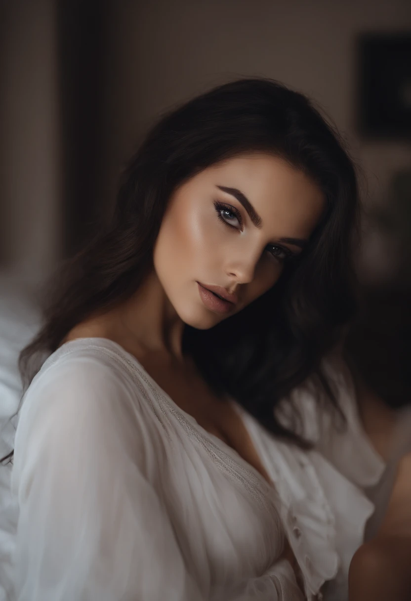 Allard woman dressed in black, Sexy girl with brown eyes, portrait sophie mudd, black hair and large eyes, selfie of a young woman, bedroom eyes, Violet Myers, nomake-up, Natural makeup, look straight at the camera, face with artgram, Subtle makeup, Stunning full-body shots, in a bedroom, cleavage